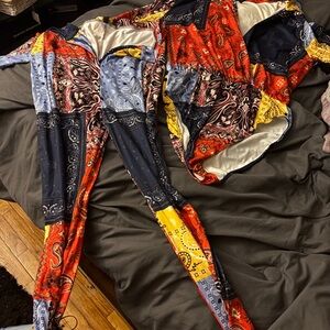 Good American Patchwork Bandana Print Romper in Red, Yellow, Navy